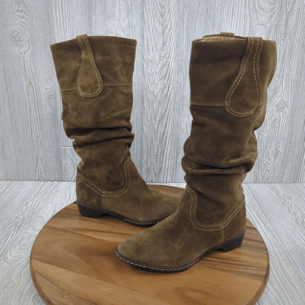 Sofft Tall Brown Suede Leather Ruched Boots Flat Heel Women's Size 6.5M NEW
